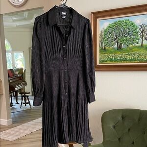 DKNY Charcoal Beautiful Pleating Long Sleeve Dress